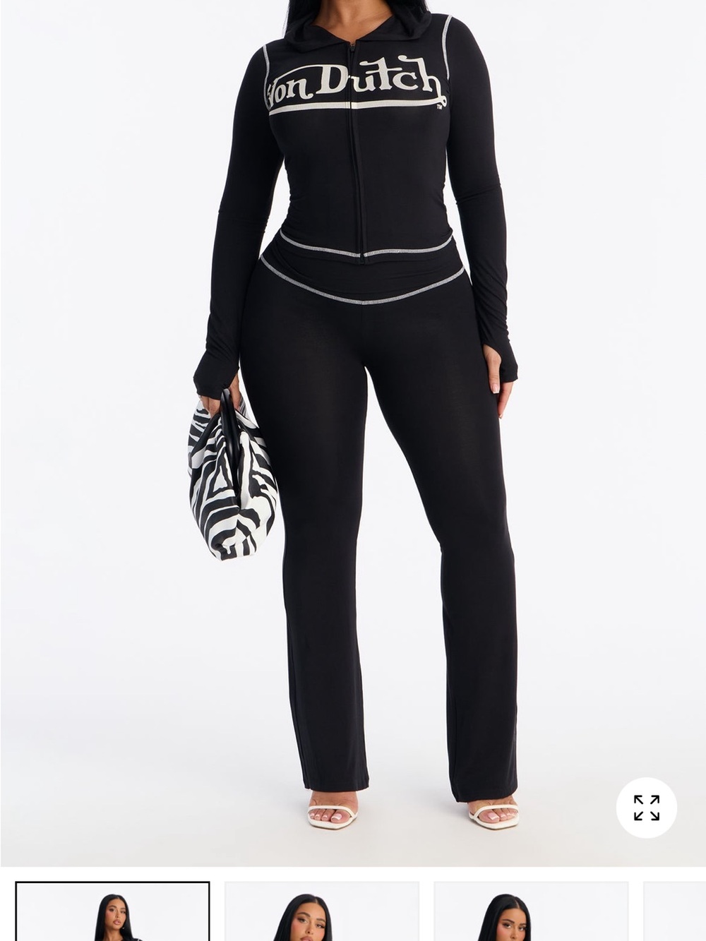 Von Dutch Black Hooded Zip-Front Flare Jumpsuit with Contrast Trim